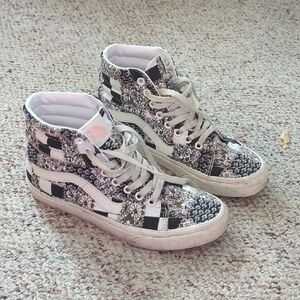Vans Pink And Green (Black And White) Quilt Pattern High-Top Sneakers